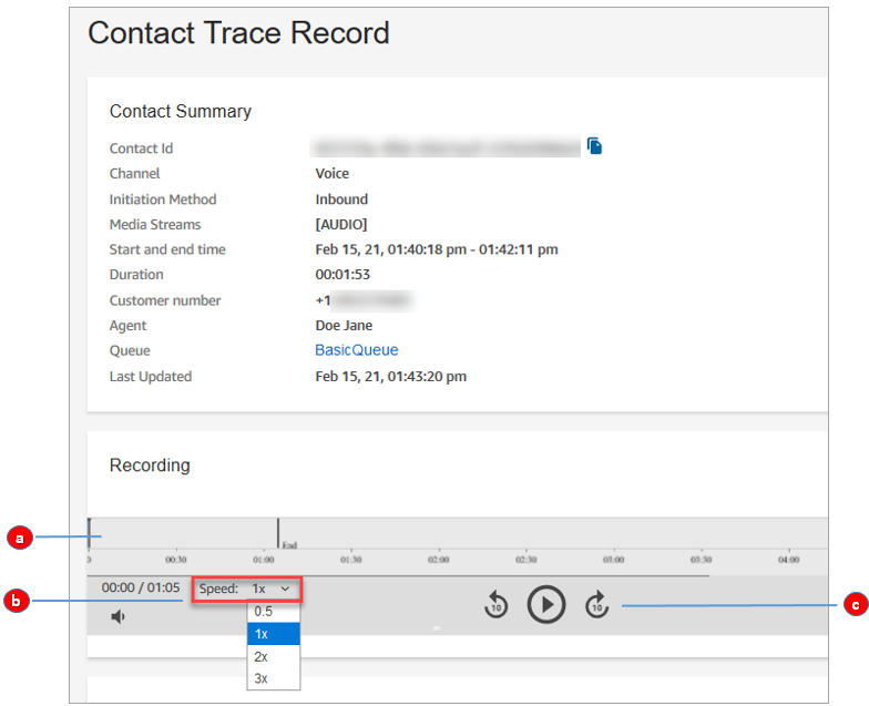 La página de registro de contacto, controles adicionales para escuchar la grabación.