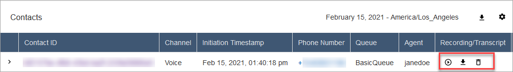 La página Búsqueda de contacto, un contacto, los iconos Reproducir grabación, descargar y eliminar para administrar la grabación.