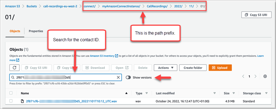 La consola de Amazon S3, el cuadro de búsqueda, el prefijo de ruta.