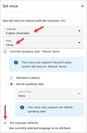 La página de propiedades del bloque Establecer voz configurado para inglés (Australia).