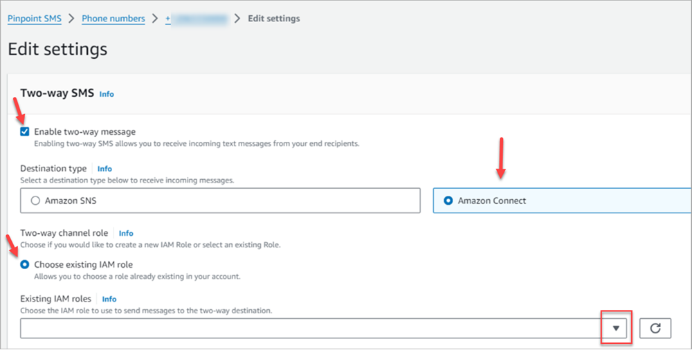 La página de AWS End User Messaging SMS edición de ajustes.