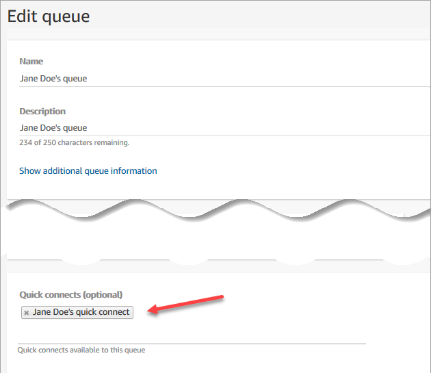 La página de edición de colas, el menú desplegable Conexiones rápidas, la conexión rápida de Jane Doe.