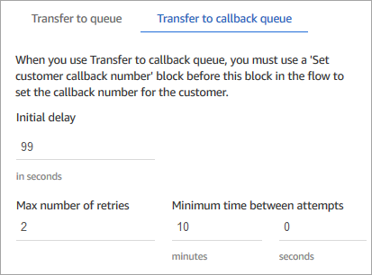 La pestaña Transferir a la cola de devolución de llamada de la página Propiedades del bloque Transferir a cola.