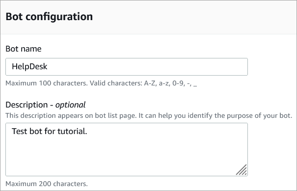 La sección de configuración del bot, el cuadro del nombre del bot y el cuadro de descripción.