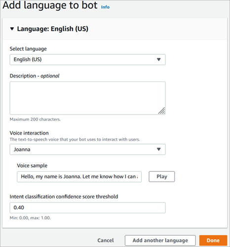 La página Agregar idioma al bot, el menú desplegable para seleccionar el idioma está configurado en inglés.