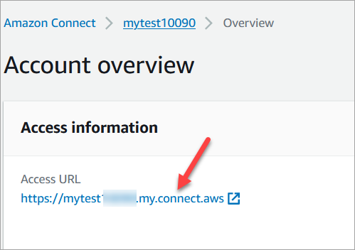 La consola Amazon Connect, la página de descripción general de la cuenta, la sección de información de acceso, el accesoURL.