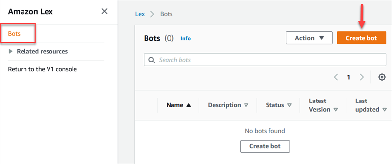 La consola de Amazon Lex, la página de bots, el botón de creación de bot.