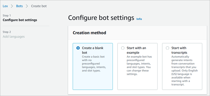 La página de configuración de las opciones del bot, la opción crear un bot en blanco.