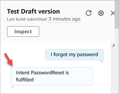 El mensaje de verificación de Amazon Lex, Intent, PasswordReset está completo.