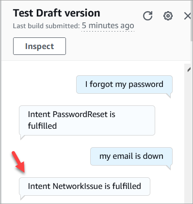 El mensaje de verificación de Amazon Lex, Intent, NetworkIssue está completo.