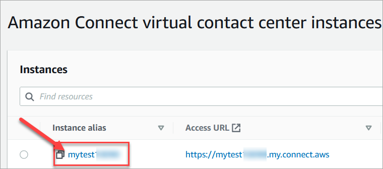 Página de instancias del centro de contacto virtual de Amazon Connect, alias de instancia.