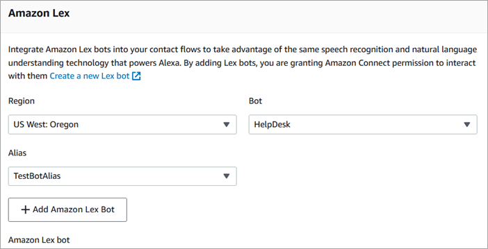 La página de flujos, la sección Amazon Lex.