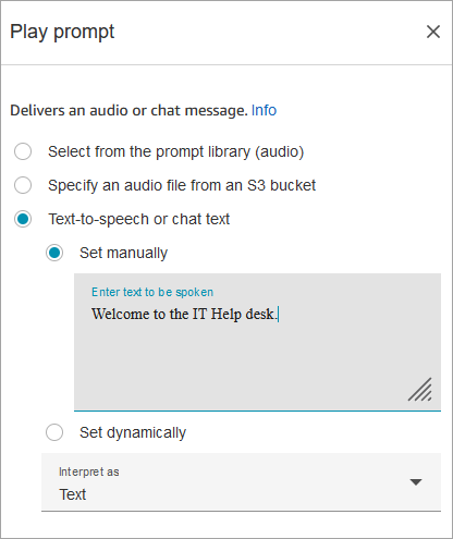 El bloque de mensajes de reproducción, la página de propiedades text-to-speech o el texto del chat, configurados manualmente, son bienvenidos a la mesa de ayuda de TI.