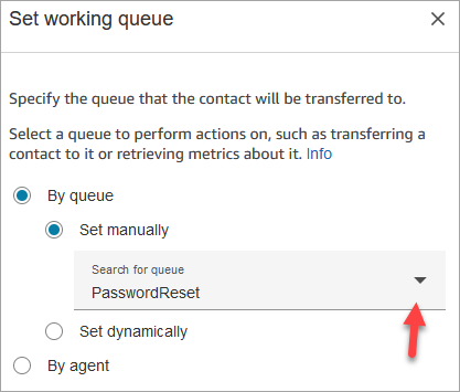 Set working queue dialog with options to select queue manually or dynamically.