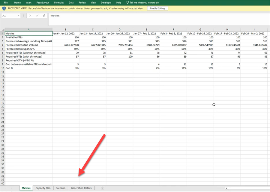 Archivo de plan de capacidad descargado y abierto con Excel.