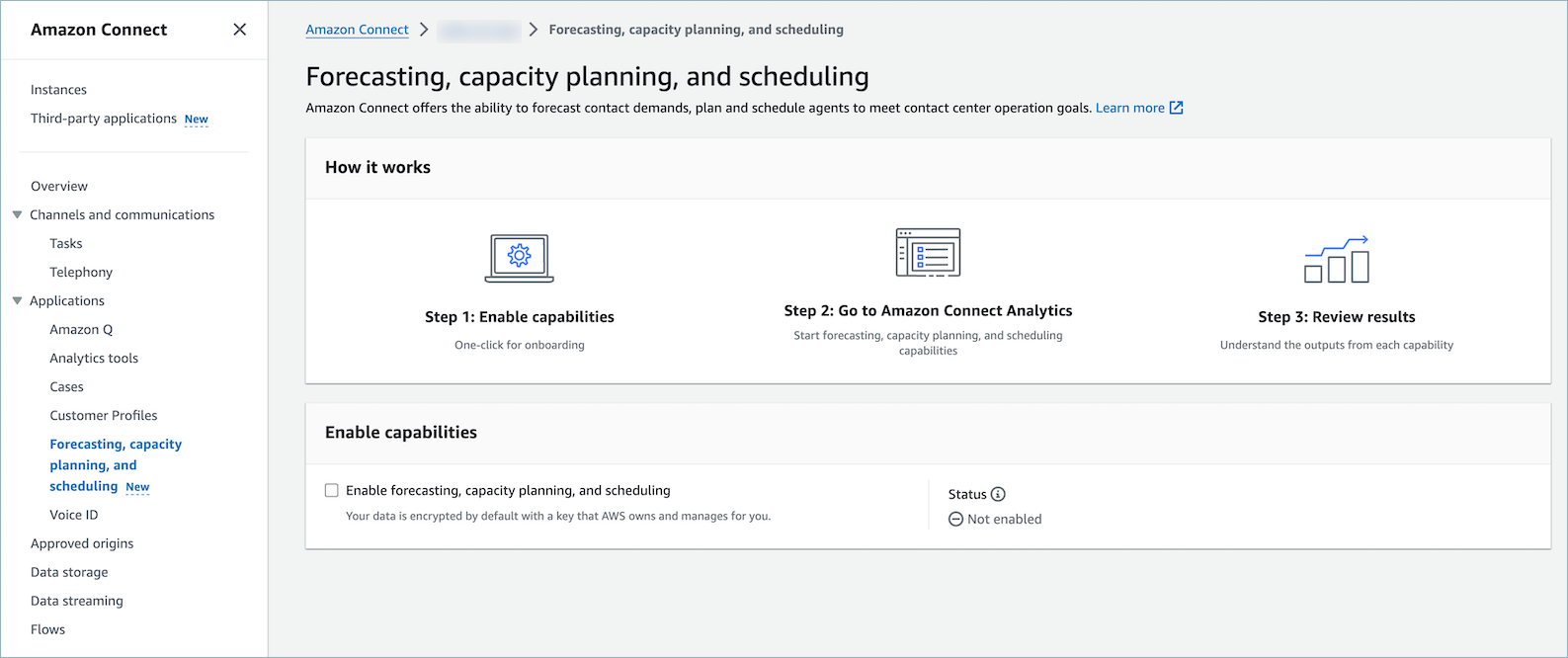 El panel de navegación de Amazon Connect, la opción para previsiones, planificación de capacidad y programación.