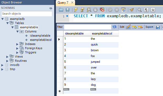 Ejemplo de configuración de tabla de MySQL