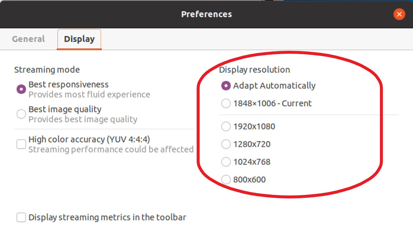 Display resolution options in preferences menu, with "Adapt Automatically" selected.