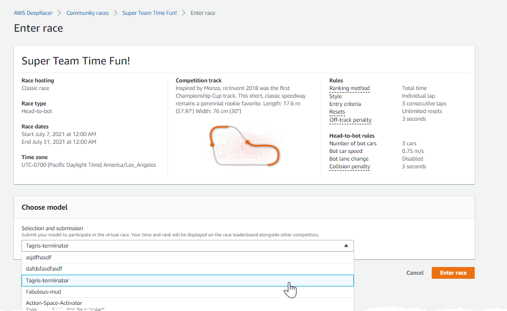 Imagen: envíe un modelo a una carrera comunitaria de AWS DeepRacer desde la consola.