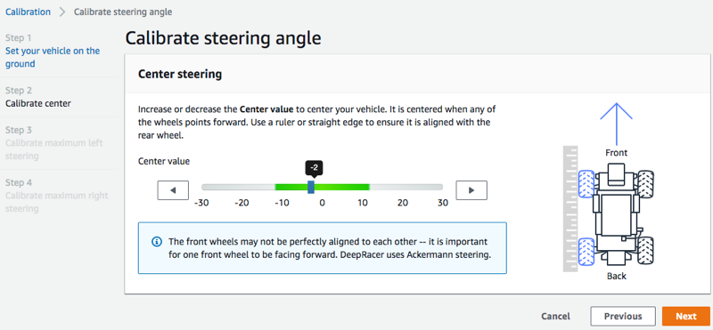 Imagen: calibrar el centro de la dirección del vehículo de AWS DeepRacer.