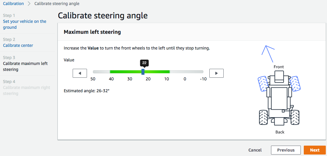 Imagen: medir un ángulo de giro máximo hacia la izquierda en la calibración del vehículo de AWS DeepRacer.