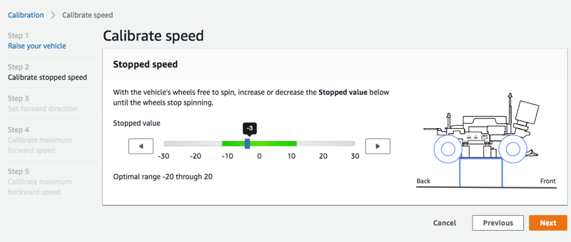 Imagen: calibrar la velocidad de parada del vehículo de AWS DeepRacer.