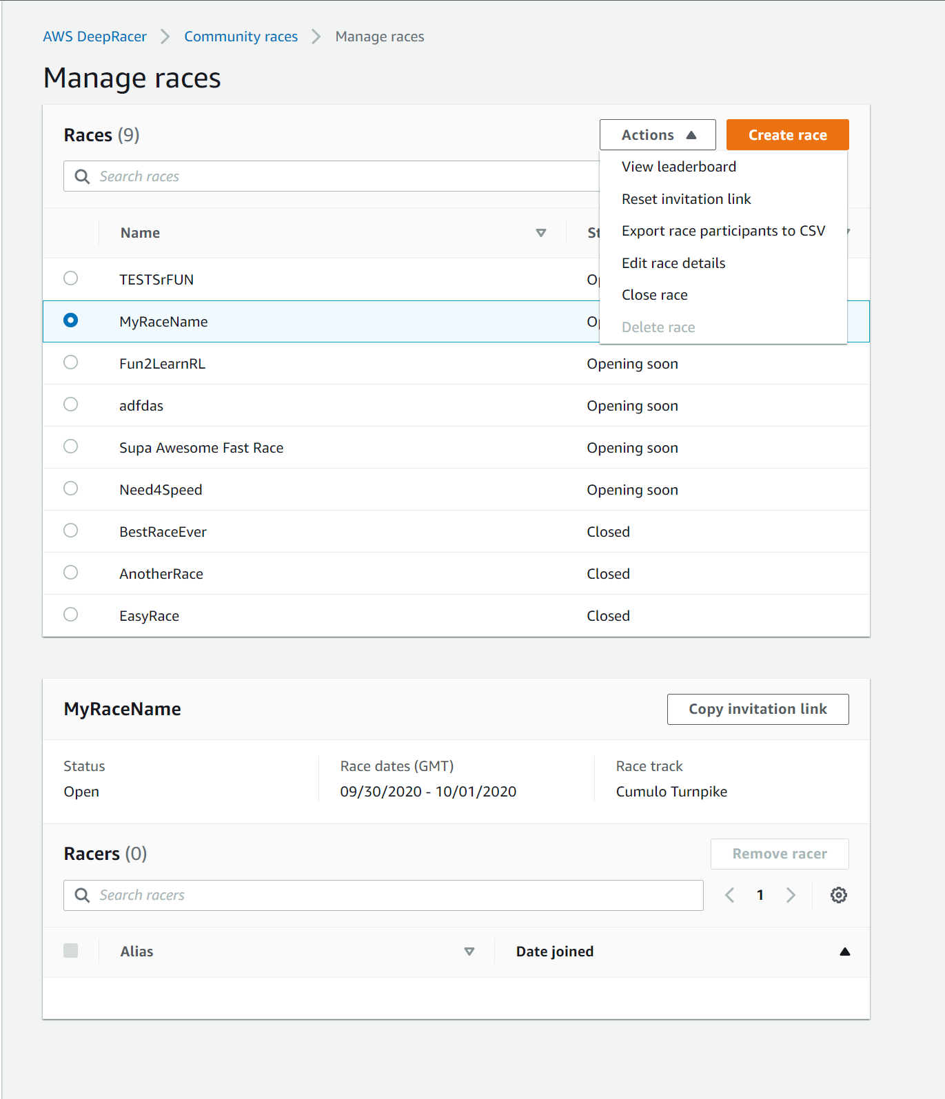 Cree una carrera comunitaria de AWS DeepRacer.