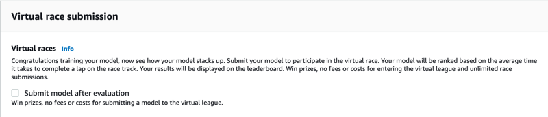 Virtual race submission section with options for submitting a model for evaluation.