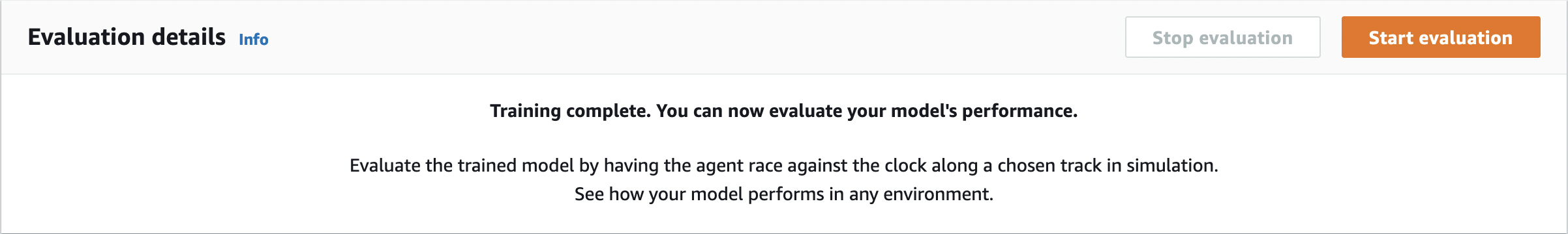 Evaluation details section showing training complete message and option to start evaluation.