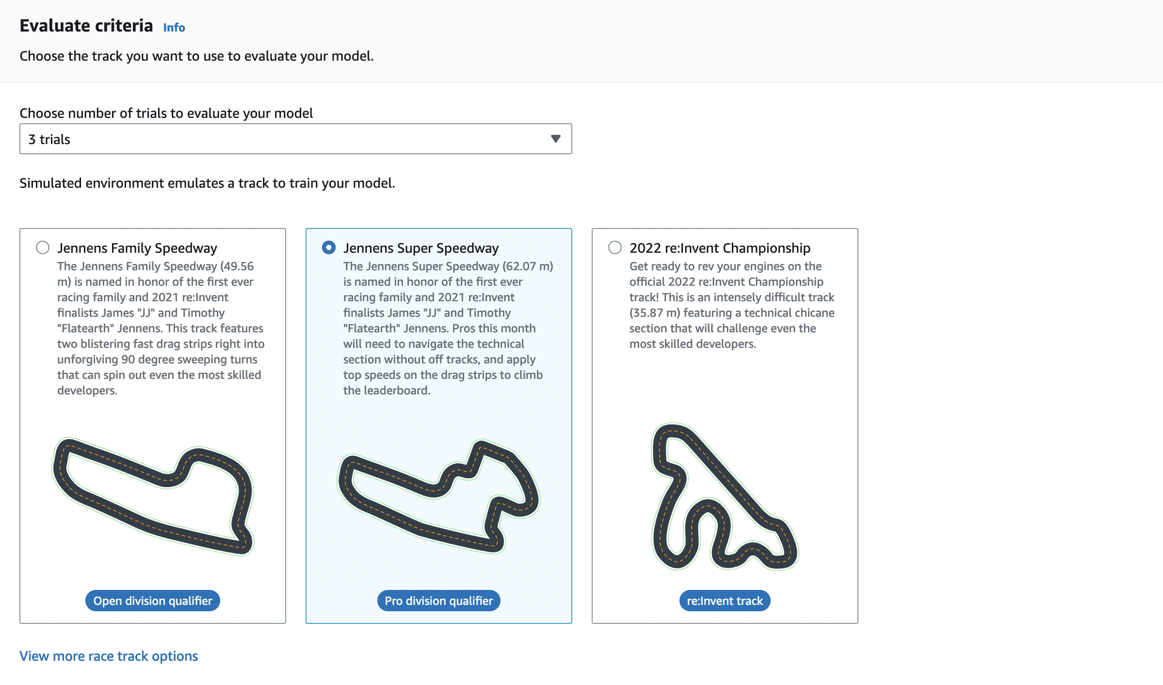 Imagen: AWS DeepRacer selecciona una pista para la evaluación.