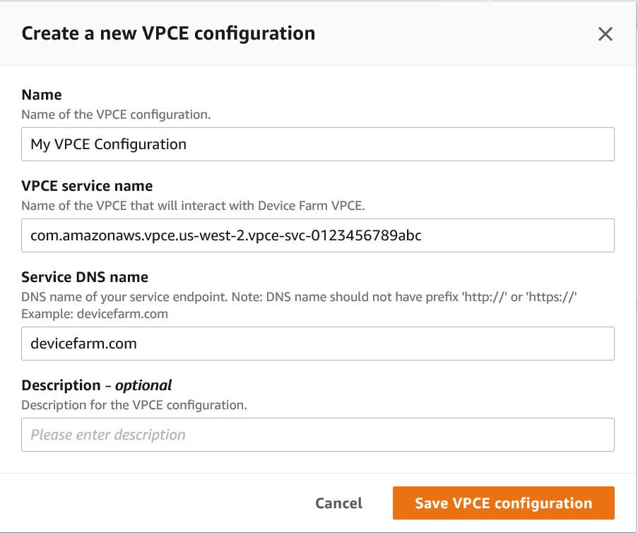 La página de creación de una nueva VPC configuración con datos de ejemplo