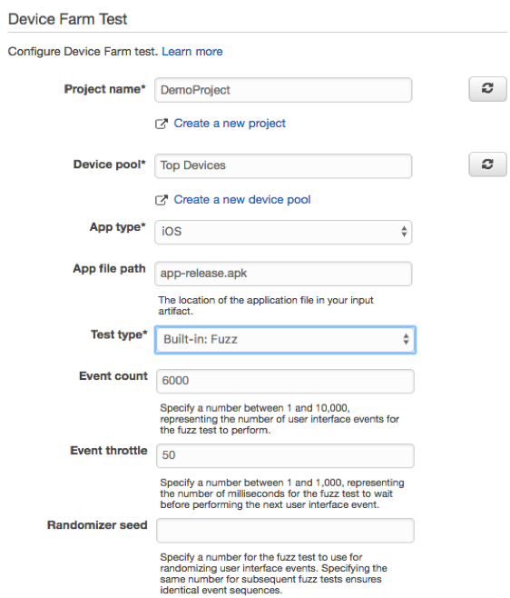 Configure CodePipeline para usar Device Farm como proveedor de la prueba para las etapas de su canalización.