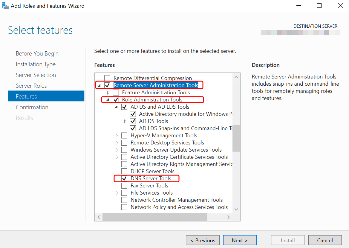 Instalación de herramientas de Microsoft AD, árbol de características del asistente para agregar roles y características con herramientas seleccionadas.