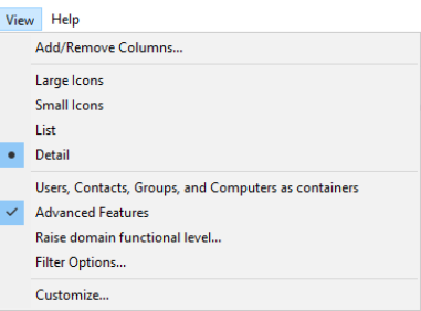 View menu options in a software interface, with "Advanced Features" selected.