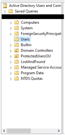 Active Directory Users and Computers folder structure with Users folder highlighted.