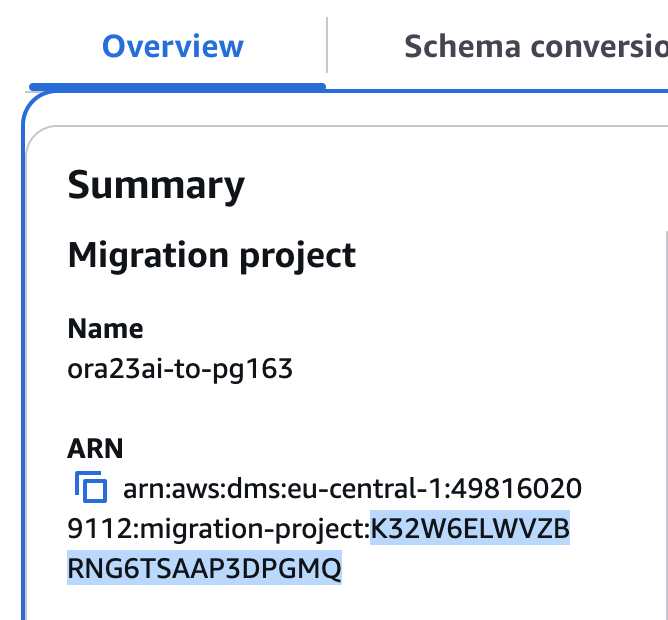 Esta es una imagen que muestra cómo obtener el ARN ID de la AWS DMS consola.