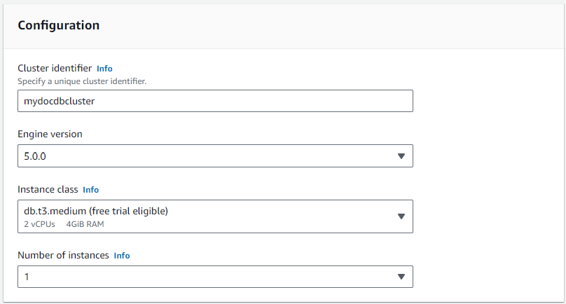 Configuration form for a database clúster with fields for identifier, version, instance class, and number.