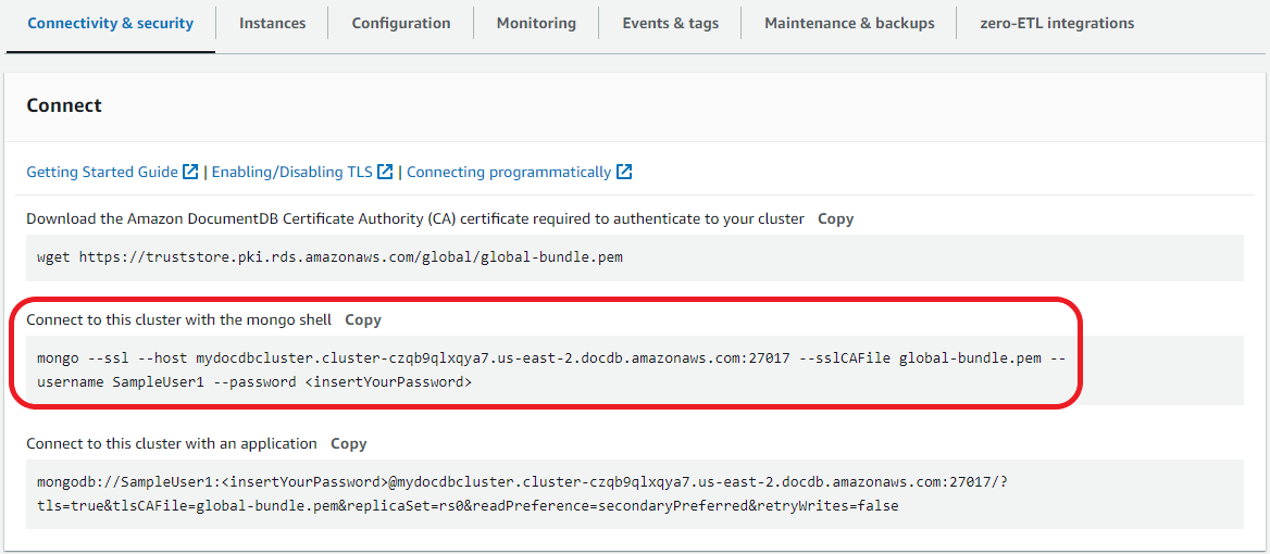 MongoDB connection string for connecting to a DocumentDB clúster using the mongo shell.