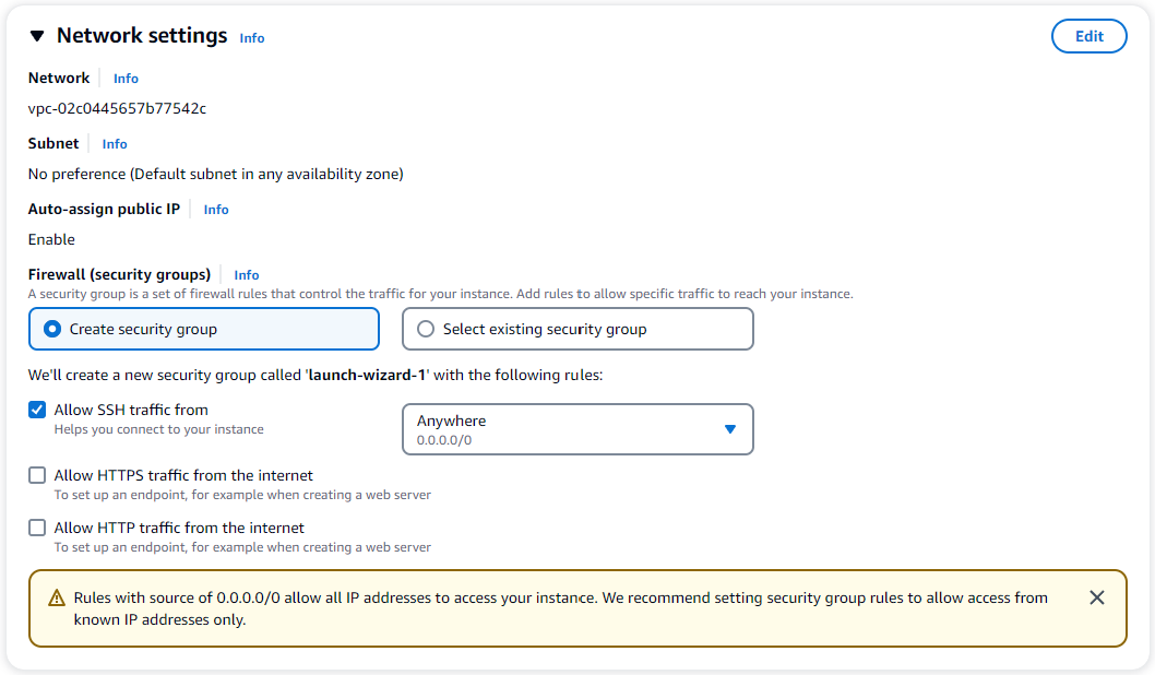 Network settings interface showing VPC, subnet, IP, and security group options.