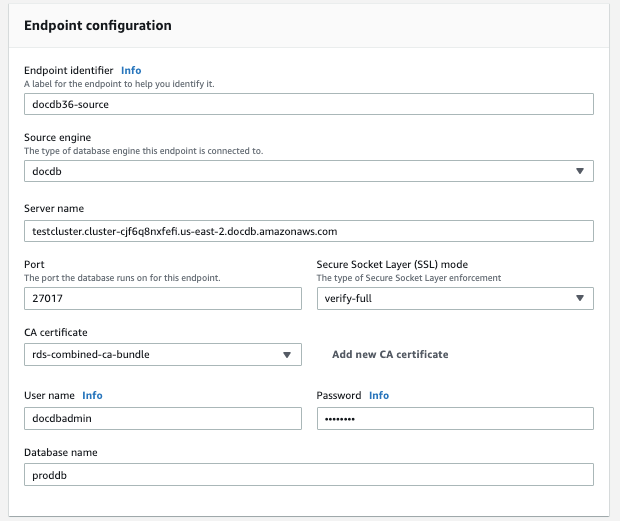 Imagen: cuadro de diálogo de configuración de punto de conexión para el origen AWS DMS que muestra nueve campos configurables y menús desplegables.