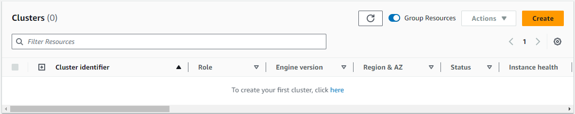 Empty Clusters dashboard with options to create a new clúster and manage resources.