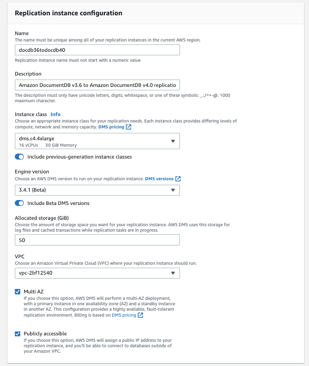 Imagen: cuadro de diálogo de configuración de la instancia de replicación que muestra 10 campos y botones configurables.