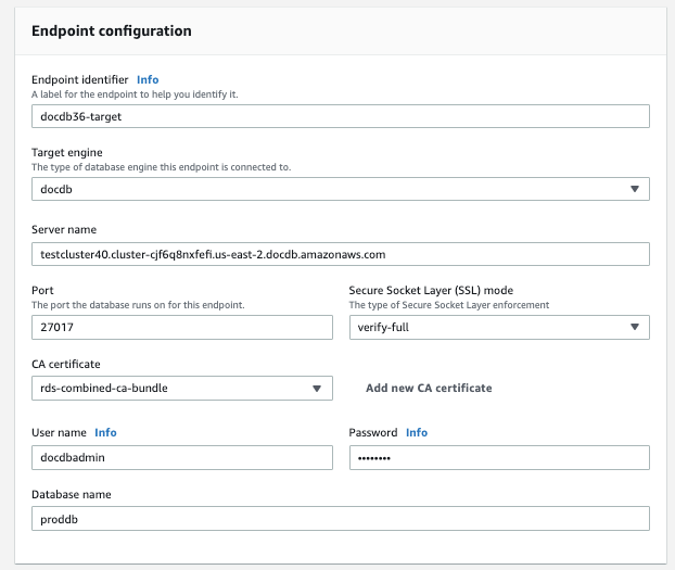 Imagen: cuadro de diálogo de configuración del punto de conexión para el destino AWS DMS que muestra nueve campos configurables y menús desplegables.