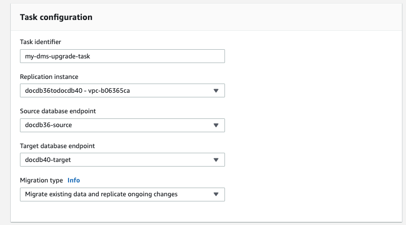 Imagen: cuadro de diálogo de configuración de tareas para la tarea de migración.