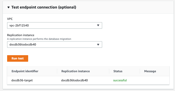 Imagen: cuadro de diálogo de prueba de conexión de punto de conexión para el destino AWS DMS que muestra dos menús desplegables, un botón de prueba y una lista de las pruebas ejecutadas.