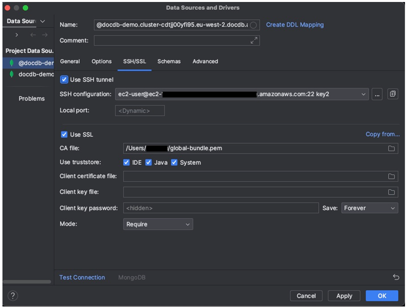 SSH/SSL pestaña de la interfaz de fuentes de datos y controladores con la configuración SSL habilitada.