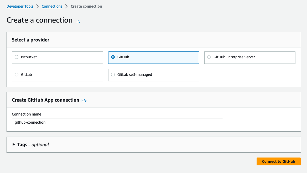 Captura de pantalla de la consola que muestra la opción de conexión seleccionada para GitHub.