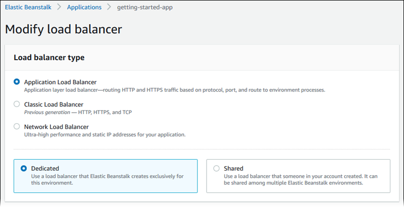 Página de configuración de Elastic Load Balancing: elección del tipo de balanceador de carga