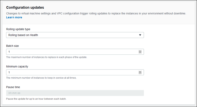 Sección Configuration updates (Actualizaciones de configuración) en la página de configuración Modify rolling updates and deployments (Modificar actualizaciones e implementaciones continuas)