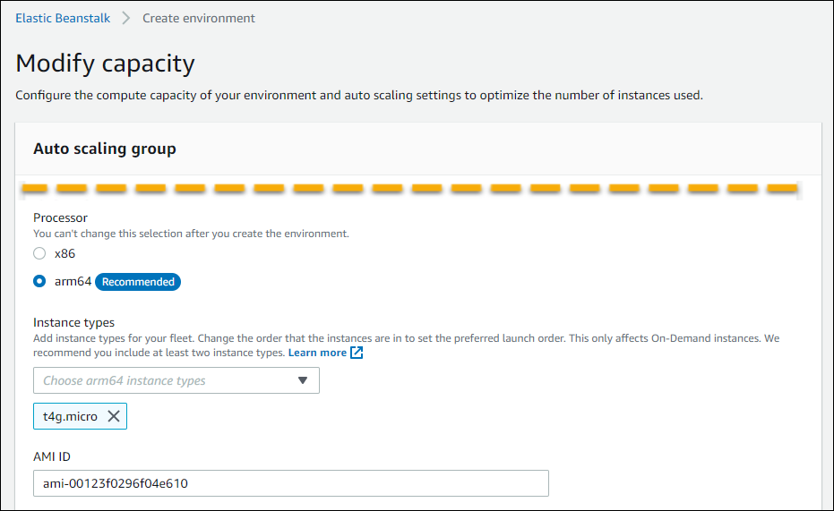 Configuración de la EC2 instancia de Amazon en la ventana de configuración de capacidad de Elastic Beanstalk para el entorno en ejecución